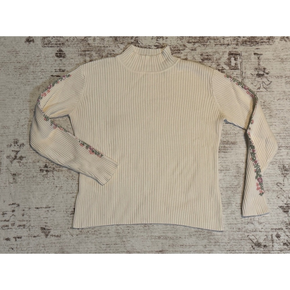 St Johns Bay Womens Large Ribbed Mock Neck Sweater Floral Embroidered Sleeves